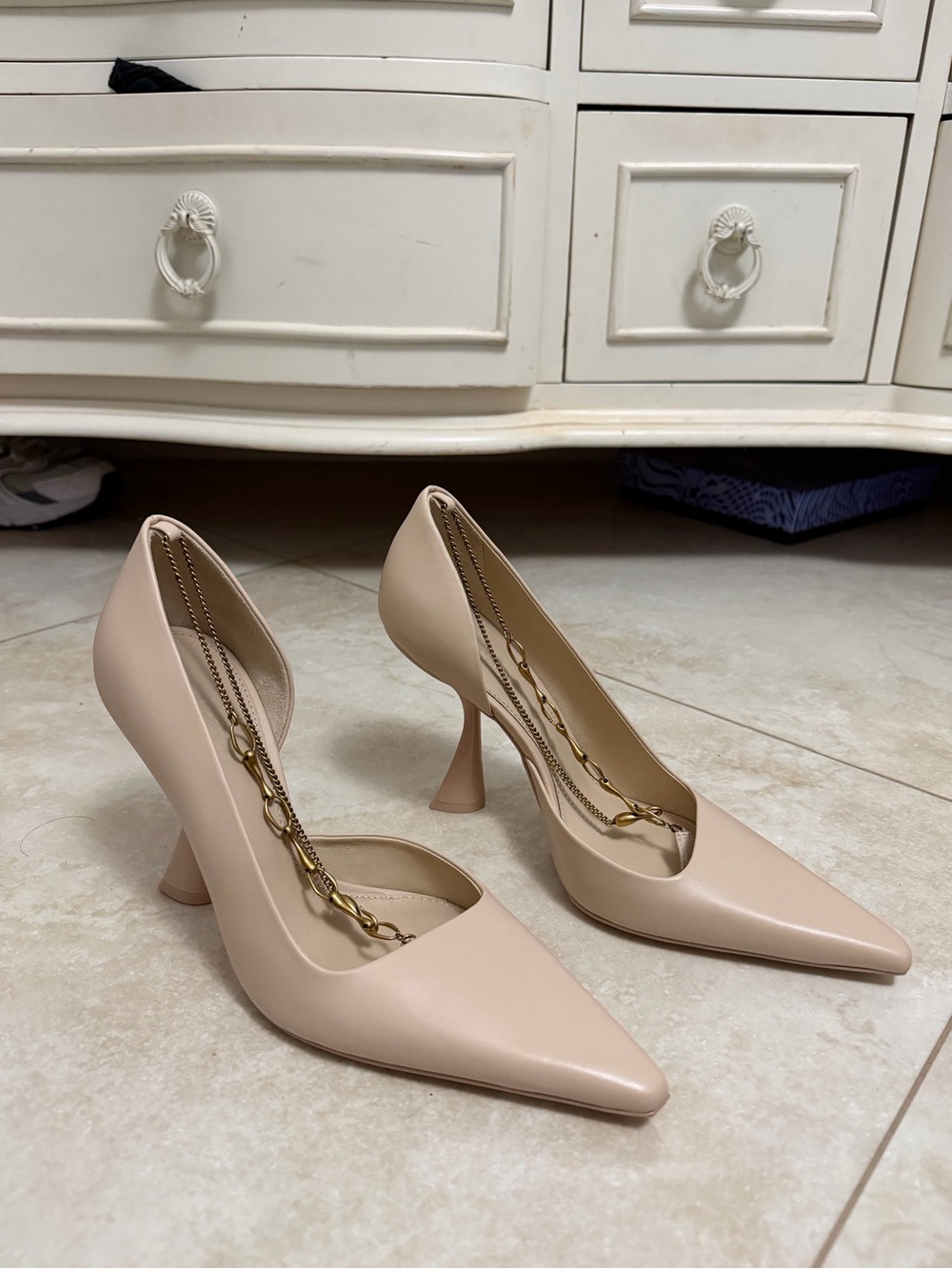 cult gaia Nude Pointed Toe Heels with Gold Chain Detail 38